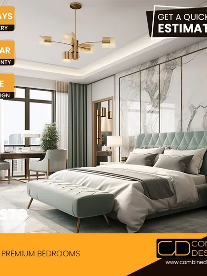 A bright and airy premium bedroom design with a marble accent wall, a soft green upholstered bed, and modern gold lighting fixtures.