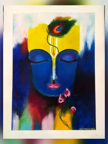 My 'Meditating Krishna' portrait, handmade with soft pastels. I used my fingers to blend the colors, creating a soft, dreamlike background that contrasts with the vibrant blue and yellow of Krishna.