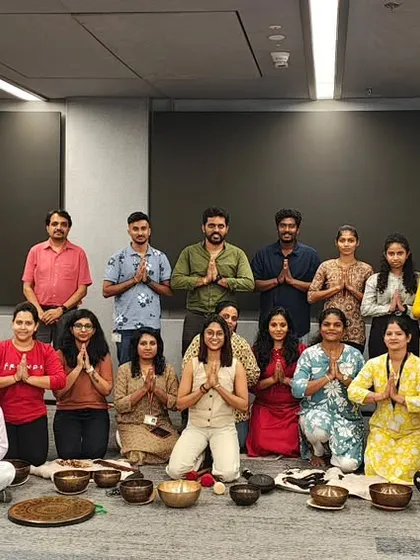 It's always wonderful to see a team feeling refreshed and connected after a session. This is a group from Hewlett Packard Enterprise after a rejuvenating sound healing and breathwork workshop.