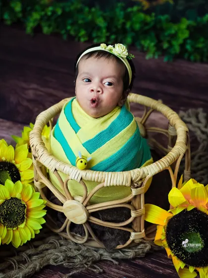 This baby, wrapped in a striped swaddle, gives a cute, expressive look from inside a wicker basket surrounded by sunflowers.