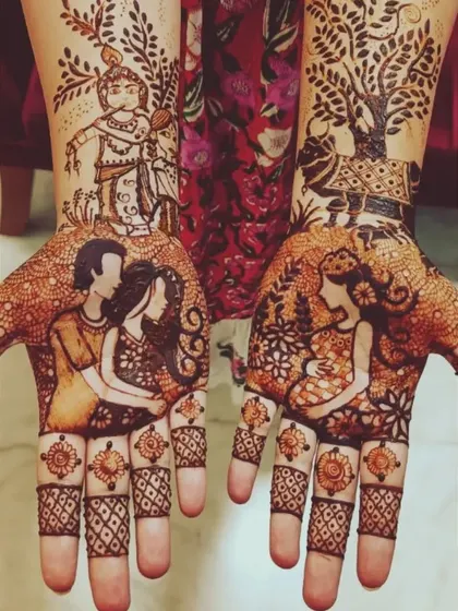 A closer look at the personalized mehendi I created for actress Amulya. One hand features a portrait of her with her husband, while the other has a portrait of her cradling her bump, with a depiction of baby Krishna above.