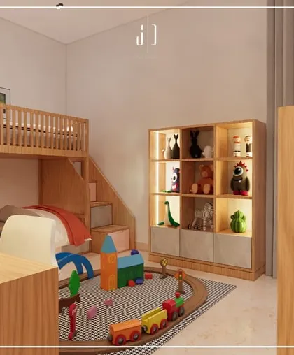 This view from the study desk shows the overall layout of the 3D designed kids' room. It demonstrates how I plan for different activities within a single space.