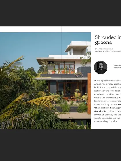 An article in Antarya Magazine titled "Shrouded in Greens," detailing the design philosophy and sustainable approach of the "House of Greens" project.
