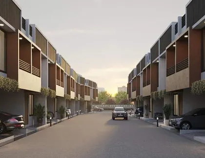 This render shows the street-level perspective of a row house development I designed. Each unit features a private carport and balcony, with a uniform yet distinct architectural style that creates a cohesive neighborhood look.