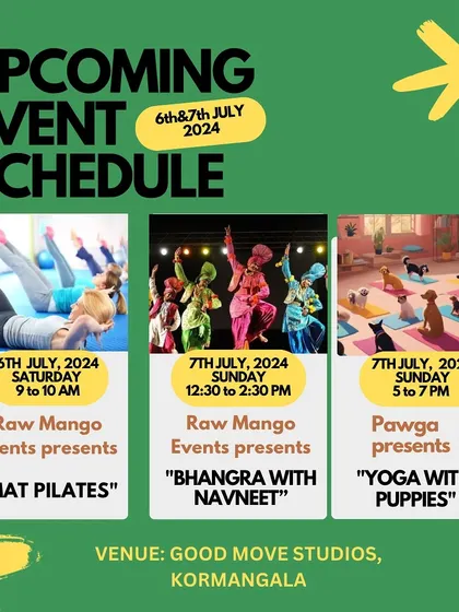 This week's event calendar is up. We're excited to host Mat Pilates, Bhangra, and a special "Yoga with Puppies" event.