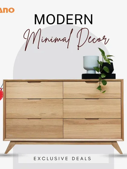 This modern chest of drawers exemplifies our minimal decor style. Crafted from light-colored wood with sleek, integrated handles, it provides ample storage while maintaining a clean and uncluttered aesthetic for any bedroom.