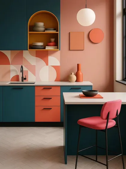 Color, shape, and a little bit of fun define this postmodern kitchen. The unexpected mix of coral and teal, the geometric tile backsplash, and the arched niche create a look that is thoughtfully playful and full of character.
