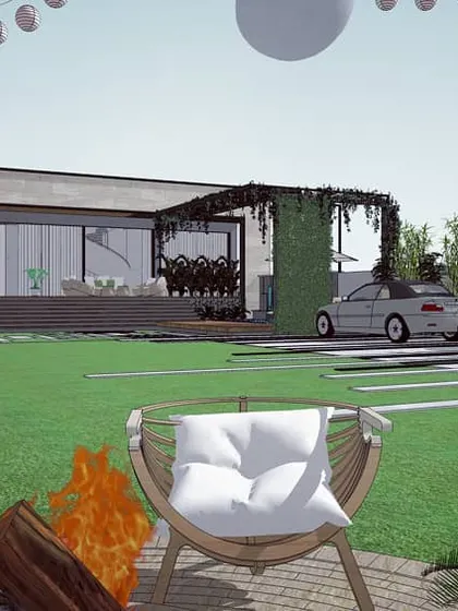 A view from the fire pit lounge area back towards the main house of Retreat Villa 90. This render helps visualize the experience of enjoying the different zones we designed within the garden.