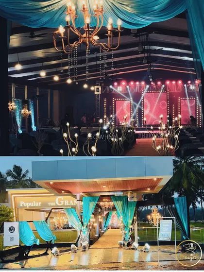The grand entrance and interior view of a reception venue decorated in a beautiful turquoise theme.