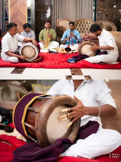 A collage showing the traditional musicians playing at the wedding, capturing the cultural and auditory essence of the celebration.