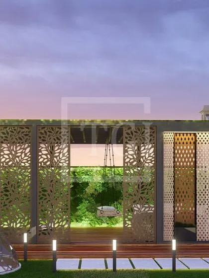 A full view of the gazebo structure in the Jaipur design, highlighting the intricate screen work that provides privacy while allowing for airflow and light.