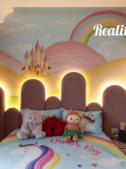 The finished child's room, bringing the magical castle mural and rainbow theme to life exactly as visualized.