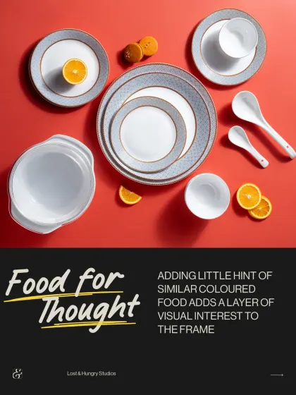 Adding a pop of colour to this neutral Borosil dinner set. A few slices of fresh orange provide a hint of "food for thought" and add a layer of visual interest to the frame.