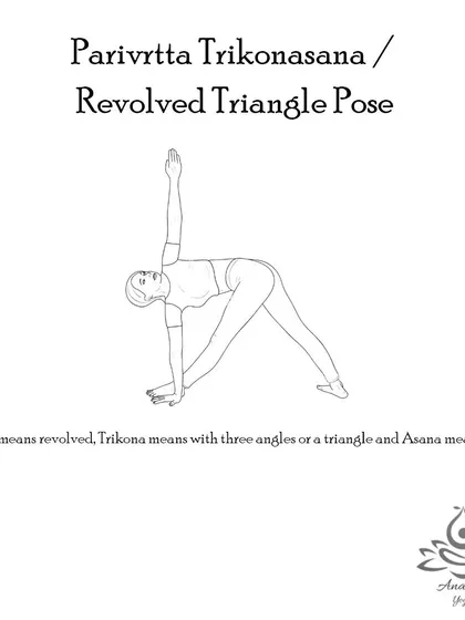 Parivrtta Trikonasana (Revolved Triangle Pose) stretches and strengthens the legs, hips, and spine while improving balance and aiding digestion.