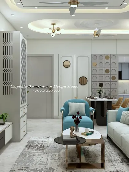 An overview of the living and dining space, showing how different furniture pieces and decor elements can be tied together with a consistent color palette and design style.