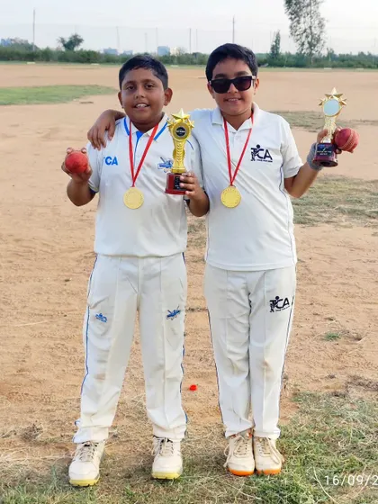 Two of our U-12 champions, Meethan and Arjun, posing with their Player of the Match awards for their incredible 5-wicket hauls.