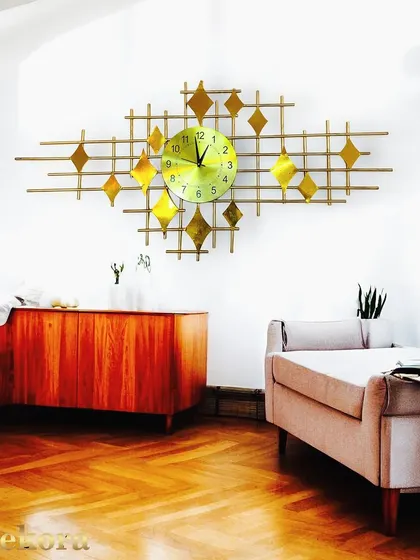 A geometric wall clock with a diamond and grid pattern, offering a mid-century modern aesthetic.