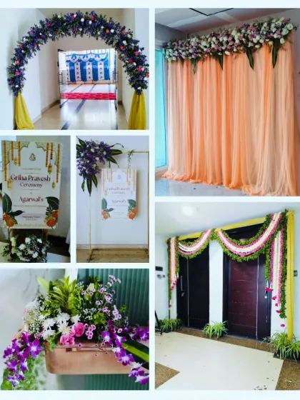 A collage showing the various floral elements we used for a Griha Pravesh or housewarming ceremony. From the entrance decor to the main backdrop, every detail was crafted to bring warmth and blessings.
