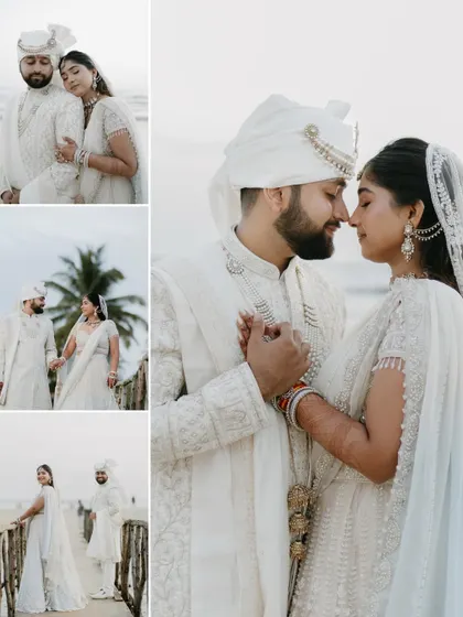 A collage of romantic couple portraits on a Goan beach, showcasing intimate moments like holding hands, touching foreheads, and walking along a wooden bridge.