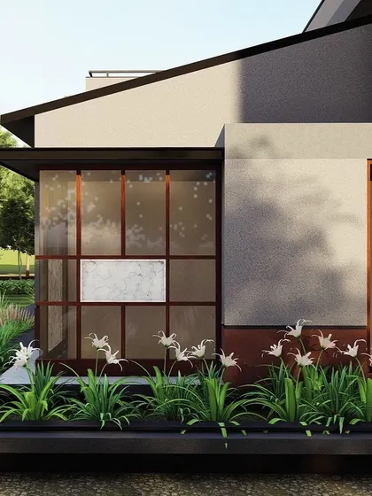 **Of Courtyards and Corners, Ahmedabad:** A render of the floating glass temple box, a key feature of the home. It is designed to sit over an L-shaped lilypond, creating a serene and spiritual corner that is connected to nature.