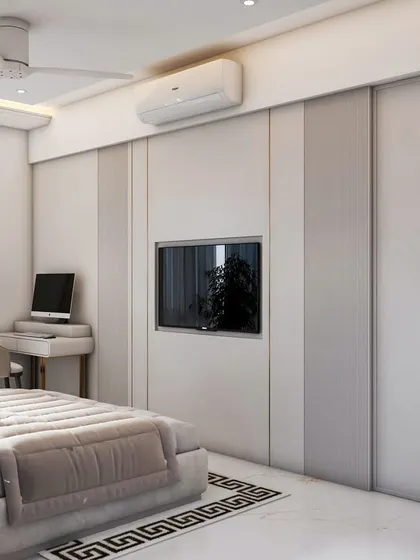 A detail of the TV and workspace area in the neoclassical bedroom render, showing how style and practicality are seamlessly combined.