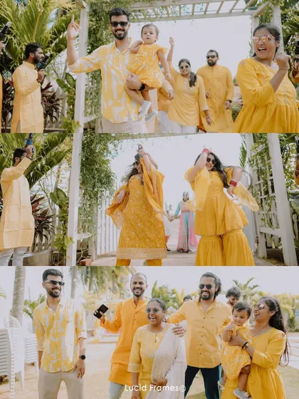 A collage of the guests and family, all dressed in yellow, dancing and celebrating at the Haldi.