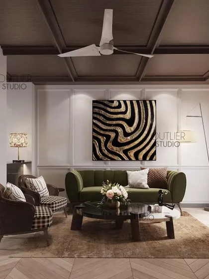 Lost in the pages with this enchanting library. The space doubles as a cozy lounge, with a deep green sofa, classic cabinetry, and a coffered ceiling, creating a perfect spot for reading and relaxing.