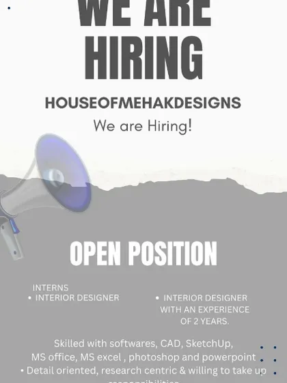 House of Mehak Designs in New Delhi has open positions for an Interior Designer with 2 years of experience and an intern.
