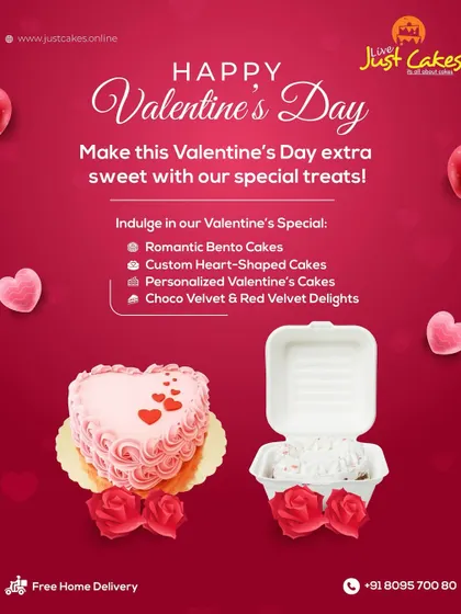 An overview of our Valentine's Day specials, featuring romantic bento cakes for two, custom heart-shaped cakes, and our popular choco velvet and red velvet flavors.
