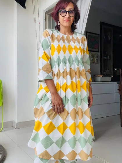 A full-length shot of my block print kurta and pants set.