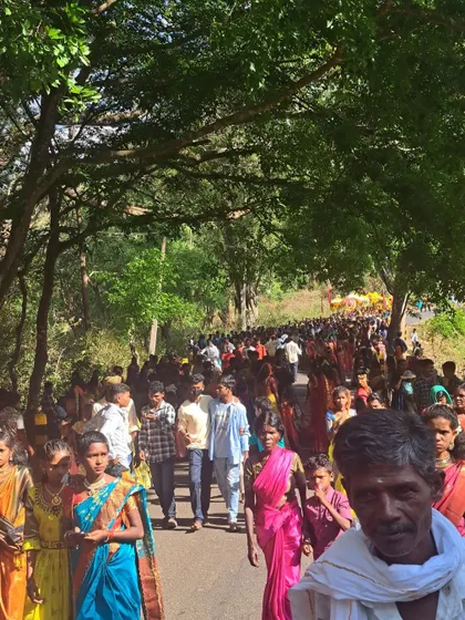 A closer view of the procession, showing the vibrant colors and the sheer number of people participating.