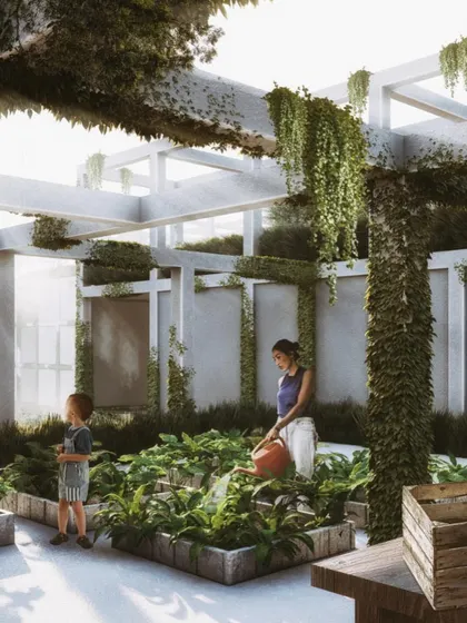 A rooftop farming area in the Pixel Housing project, providing residents with a space for organic gardening and community engagement. This is part of our vision for creating self-sustaining residential ecosystems.