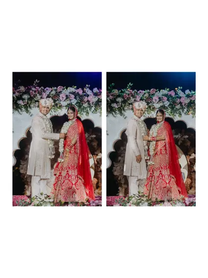 A diptych showing the couple exchanging garlands during the varmala ceremony. It captures the action and the happy expressions of this important ritual.