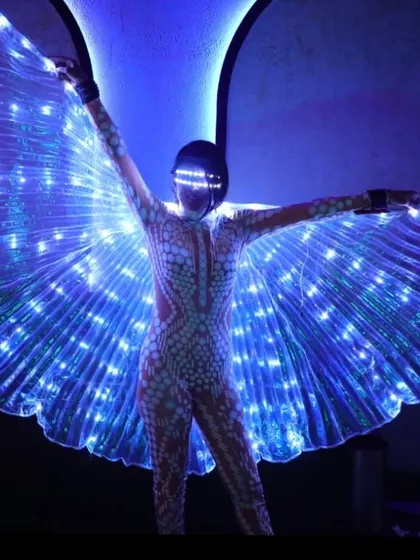 A final look at the butterfly costume. The combination of the LED wings and visor creates a complete, futuristic character that audiences love.