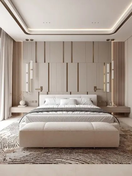 This bright and airy bedroom design features a paneled accent wall and a large window that floods the space with natural light. The neutral color scheme and abstract rug add texture and warmth.