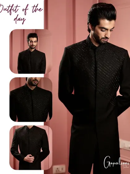 Our outfit of the day. A black Indo-Western ensemble with delicate, linear beading on the chest for a touch of modern texture. It's a fusion of tradition and modernity.