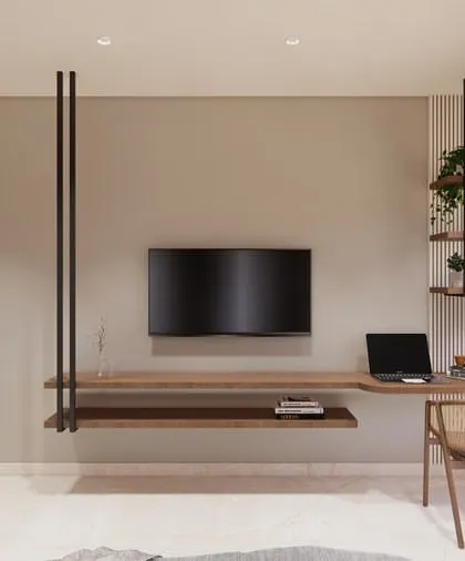 This render features a unique suspended desk and TV unit, a great solution for a modern, minimalist bedroom.