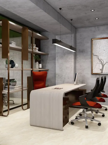 A render of an MD cabin for an office project. The design uses a monotone palette and clean lines to create an ideal working space that promotes focus and productivity.