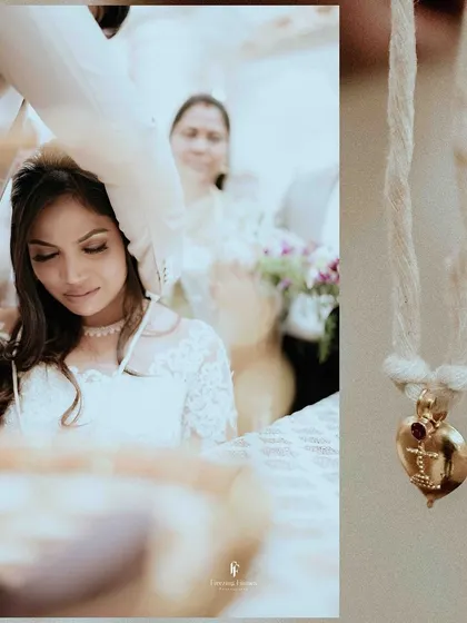 A collage focusing on the bride's serene expression and the traditional thali (mangalsutra) for a Christian wedding.