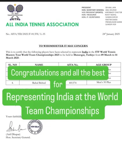 It's official. This letter from the All India Tennis Association confirms our selection to represent India at the World Team Championships in Turkey. We are always ready for the next challenge.