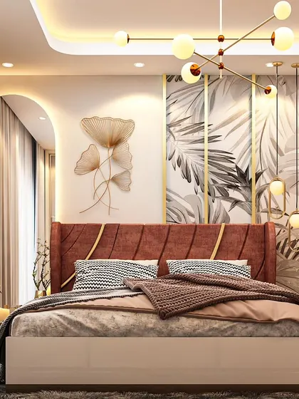 A contemporary bedroom design with a focus on texture and pattern. The deep red upholstered headboard features subtle gold inlay, set against a wall with botanical-themed panels and modern art.