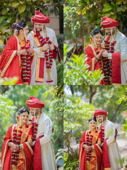 A collage showing the couple in their vibrant red wedding outfits, capturing both posed and candid moments in a beautiful garden setting.