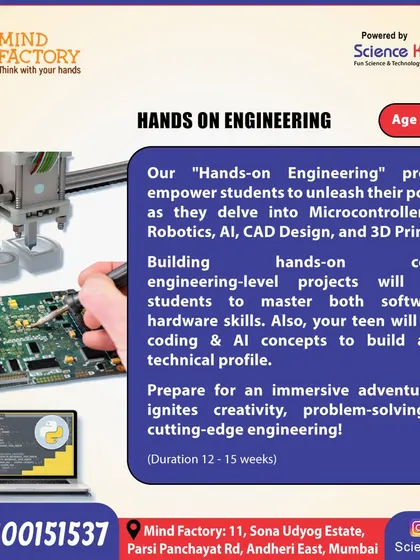 Our Hands-on Engineering program for ages 13+ empowers students to unleash their potential. They learn microcontroller-based robotics, AI, CAD design, and 3D printing to build a solid technical profile for their future.