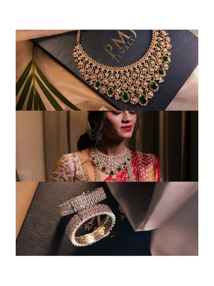 A collage showcasing the stunning wedding and engagement jewelry, from a diamond and emerald necklace to brilliant wedding bands.