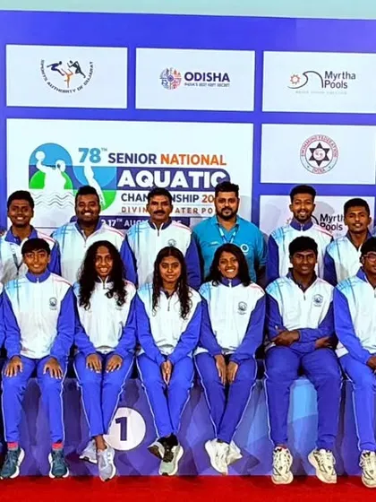 The victorious Karnataka men's and women's water polo teams pose together. Our women's team made history with a bronze medal, while the men's team showed significant improvement, jumping from 11th to 6th place nationally.
