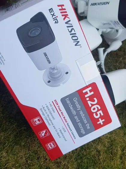 The box for a Hikvision H.265+ camera, highlighting its bandwidth and storage saving features.