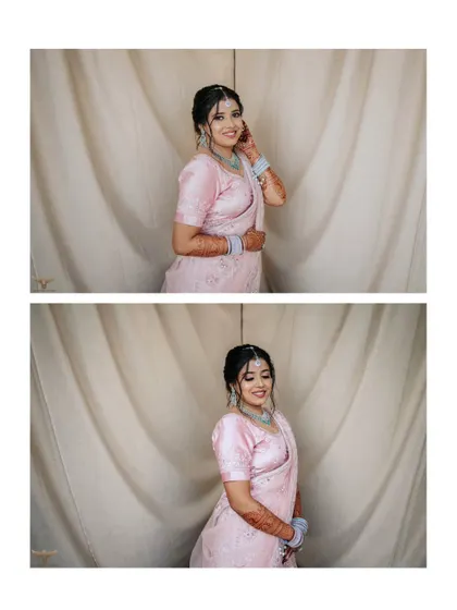 A simple and sweet diptych of the bride. These portraits capture her happy and gentle personality against a neutral, soft-draped background.