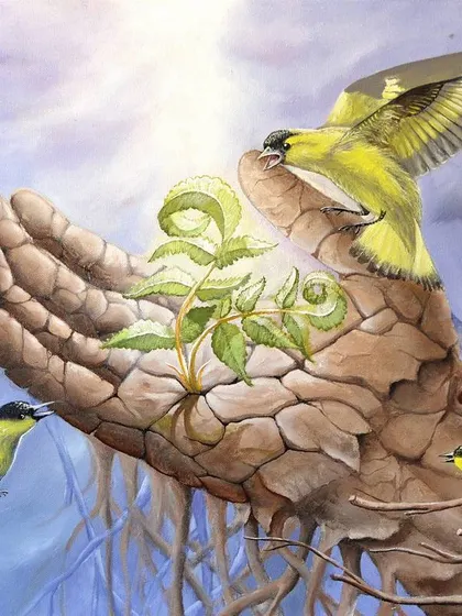 'Sapling' is about the nature of belief. The hand, cracked and stone-like, represents rigid ideas, while the young sapling breaking through symbolizes the pliable, ever-growing trust of life. It’s a visual metaphor for growth overcoming stagnation.
