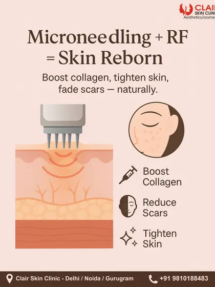 Microneedling combined with Radiofrequency (RF) equals skin reborn. This infographic illustrates how the treatment works deep within the skin to naturally boost collagen, reduce scars, and tighten skin.