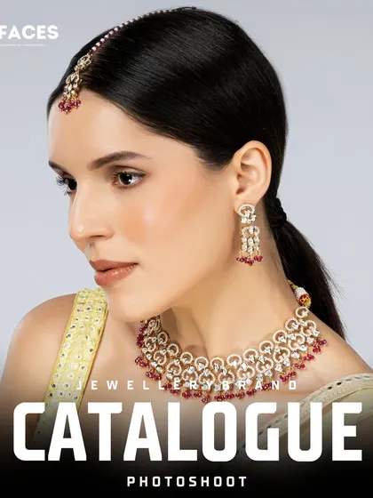 A side profile of the model wearing a traditional necklace and maang tikka set, highlighting the design details for a comprehensive product view.